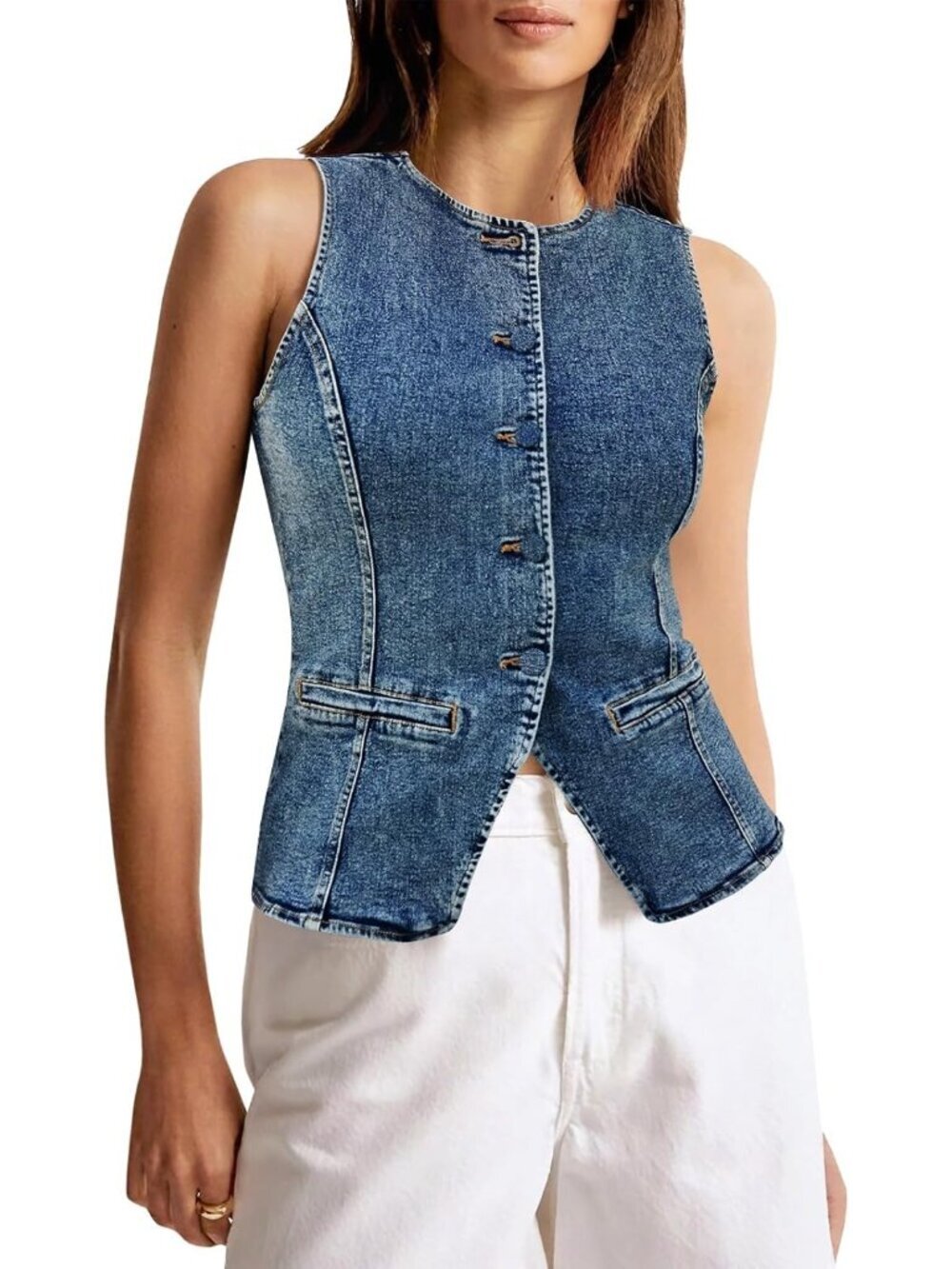 Women's Wash Blue Sleeveless Fitted Casual Button Down Denim Vests Top Waistcoat